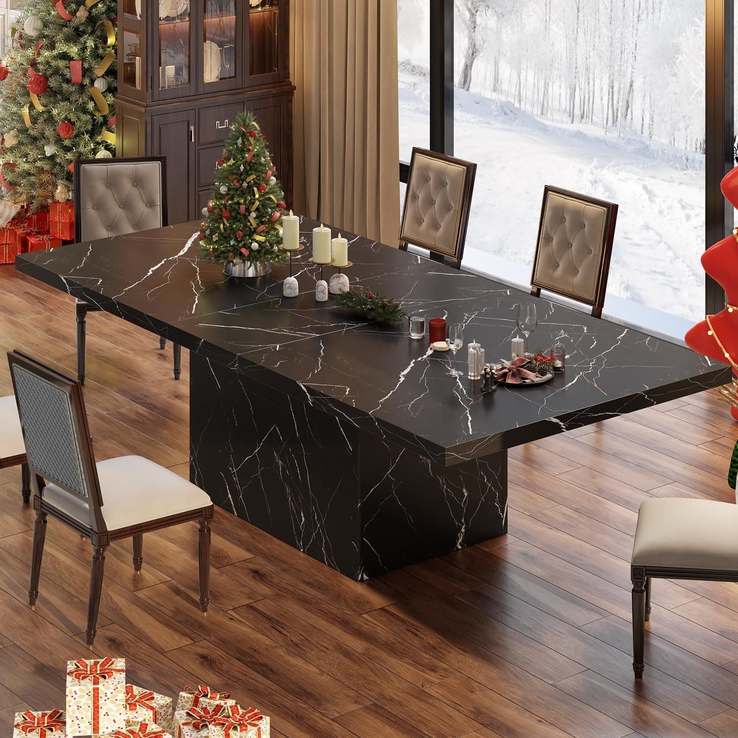 HSH 71” Black Dining Table for 6-8, Rectangle Modern Faux Marble Dinner Table, Large Dining Room Table for Kitchen Living Room, Industrial Wood Kitchen Table with Sturdy Base, Black, 71 Inch