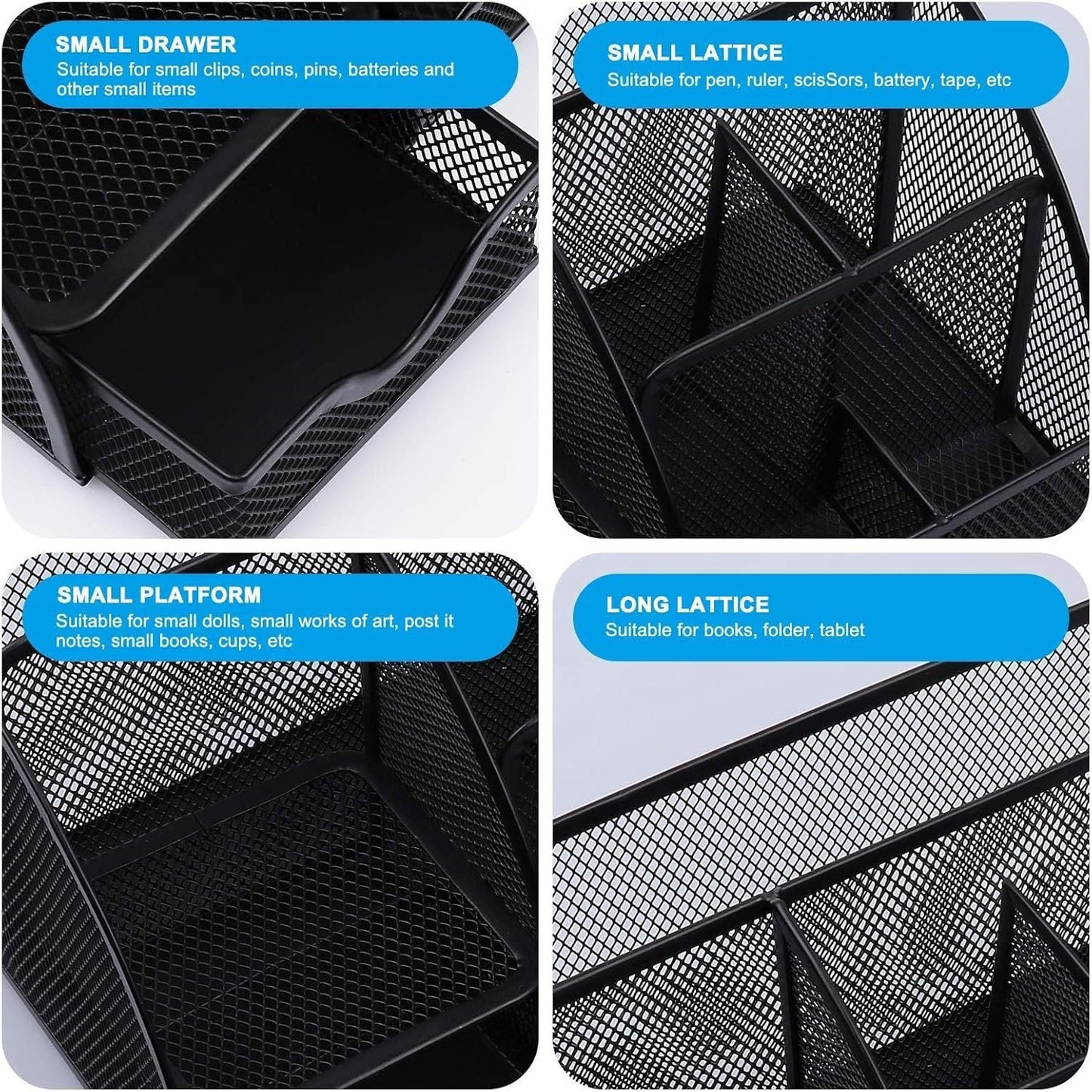 OKPOW Mesh Desk Organiser,Multi-Use Desk Tidy & Pen Holder with 6 storage and 1 Slide Drawer,Stationary Organiser for School,Home,Office desktop supplies (Black)