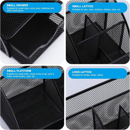 OKPOW Mesh Desk Organiser,Multi-Use Desk Tidy & Pen Holder with 6 storage and 1 Slide Drawer,Stationary Organiser for School,Home,Office desktop supplies (Black)