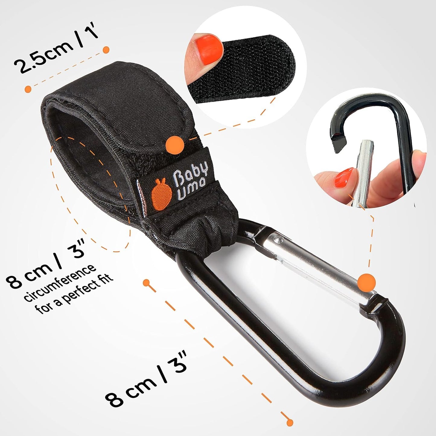 Baby Uma Stroller Hooks for Hanging Bags (2-Pack) - Universal Stroller Caddy Clips, Carry 5 kg per Mommy Clip, Carabiner Large, Baby Travel Essentials, New Mom Essentials, Wheelchair Accessories