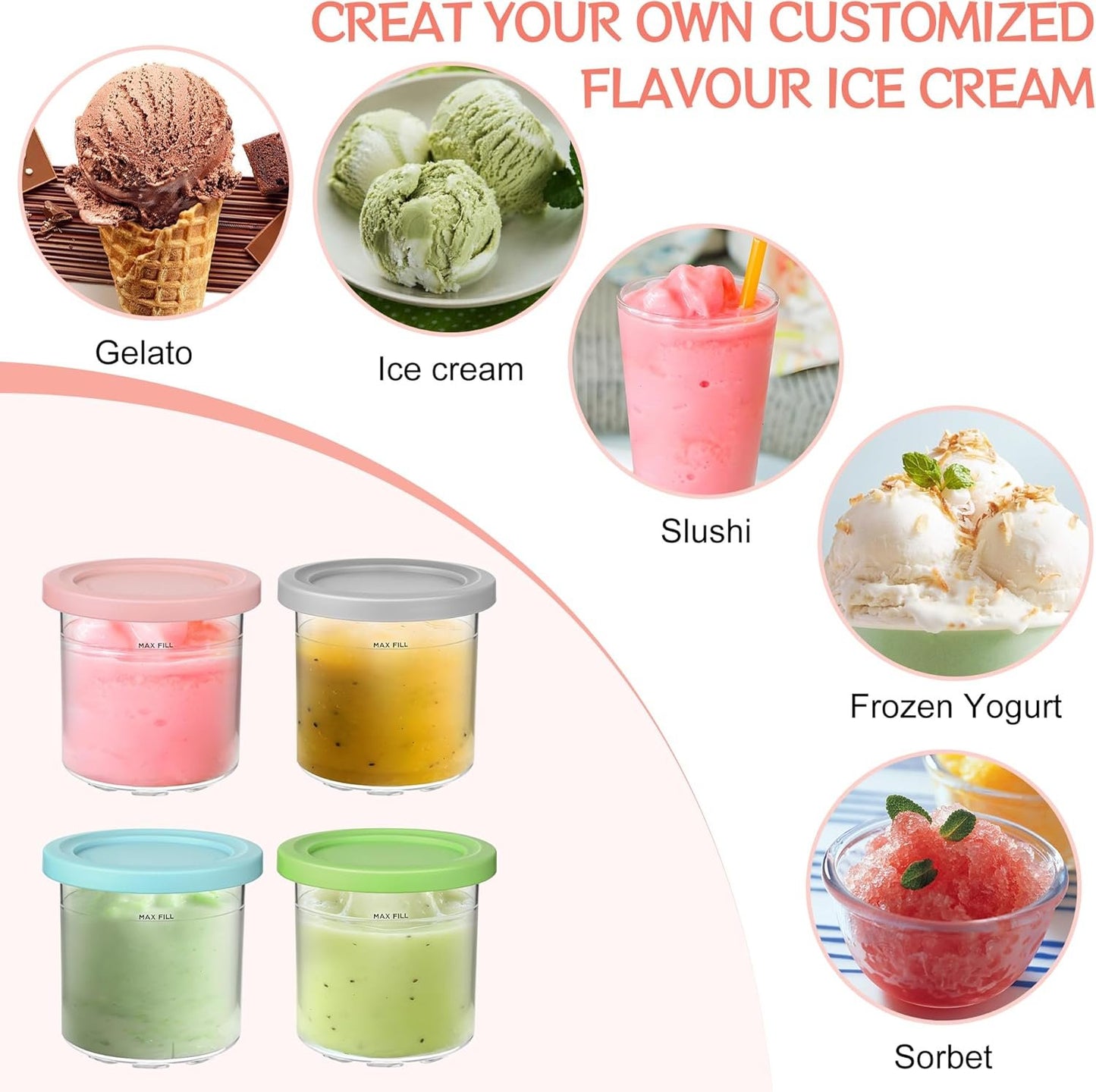 Containers Replacement for Ninja Creami Pints and Lids - 4 Pack, 16oz Cup Compatible with NC301 NC300 NC299AMZ Series Ice Cream Maker, BPA Free Dishwasher Safe Leak Proof