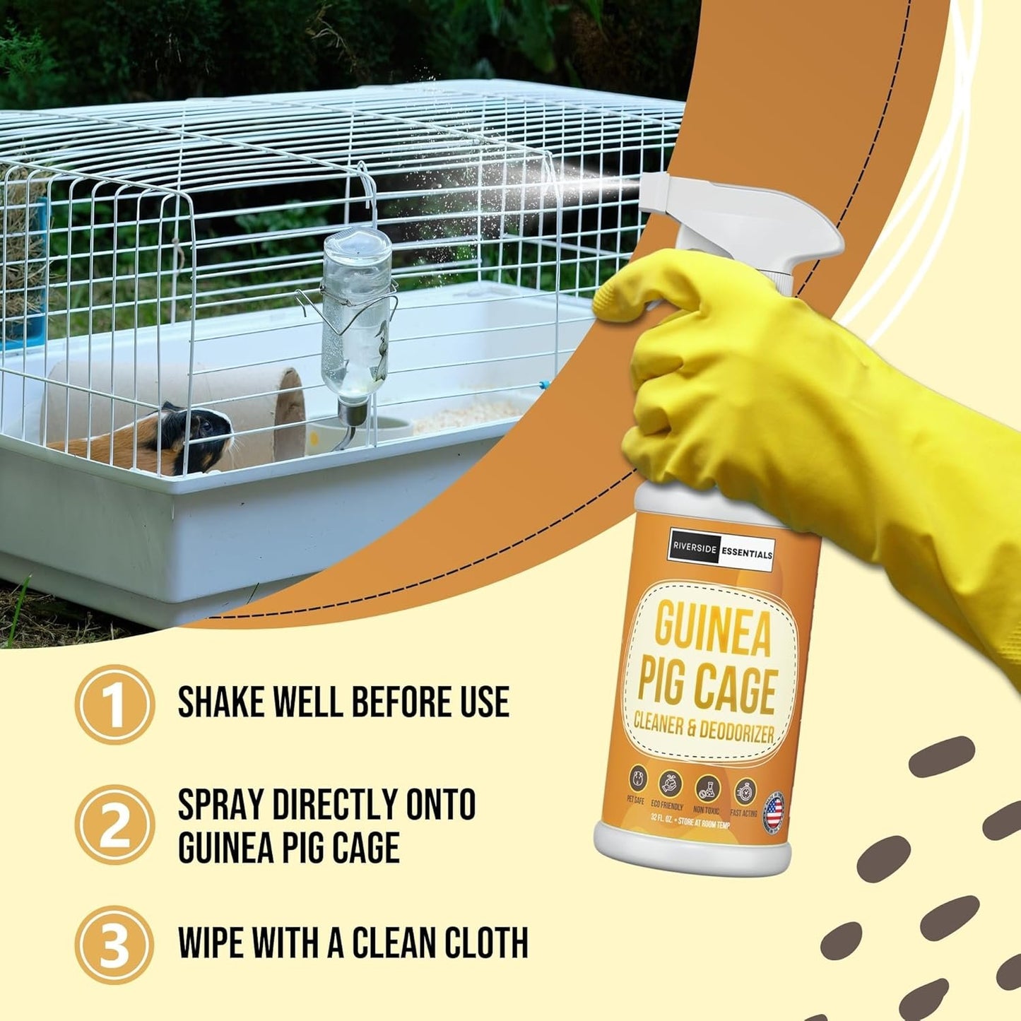 Riverside Essentials 32oz Guinea Pig Cage Cleaner & Deodorizer Spray - Safe & Effective Odor Eliminator for Small Animal Cages - Non-Toxic & Pet Safe Friendly Formula - Made in the USA