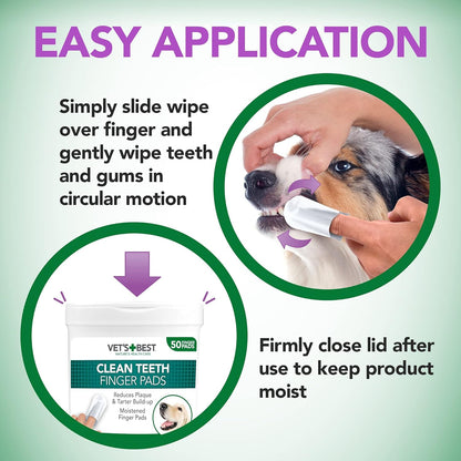 Vet's Best Teeth Care Wipes - Reduce Plaque & Freshen Breath - Dental Cleaning Wipes for Dogs and Cats - 50 Disposable Wipes