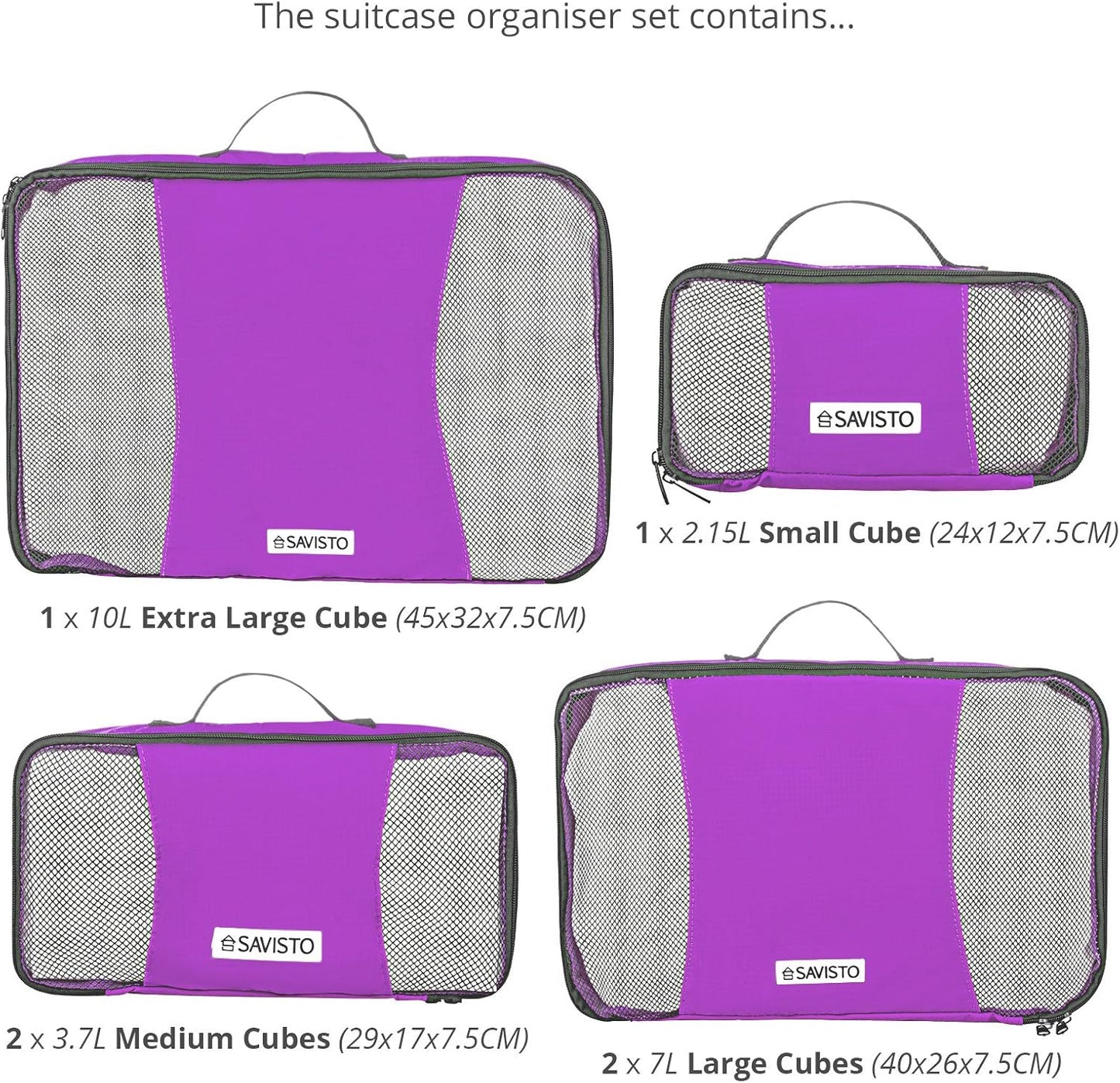 Savisto Suitcase Organizer - Small, Medium, Large, XL (Set of 6 Pieces Suitcase Organizer) - Available in 7 Colours, Purple, 1x XL / 2x L / 2x M / 1x S