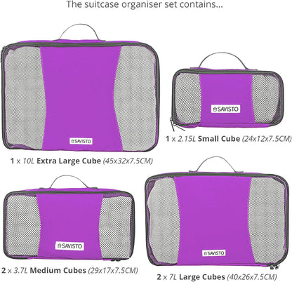 Savisto Suitcase Organizer - Small, Medium, Large, XL (Set of 6 Pieces Suitcase Organizer) - Available in 7 Colours, Purple, 1x XL / 2x L / 2x M / 1x S