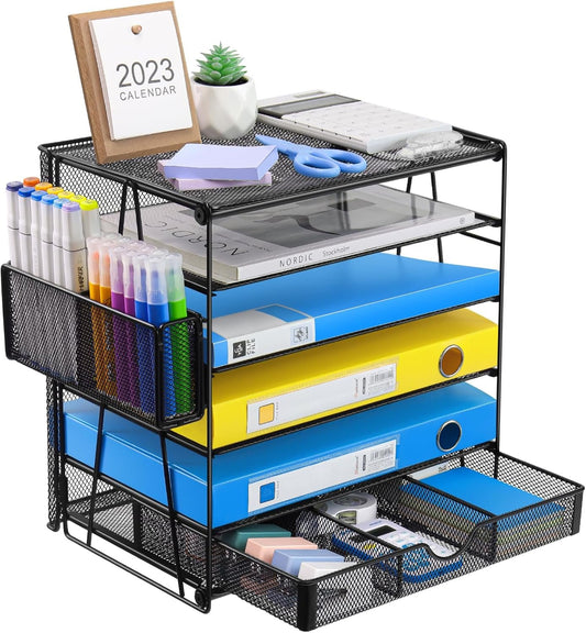 Lemonsea Desk Organizers, Mesh Paper Letter Tray with Sliding Drawers and Pen Holder, Desktop File Organizer for Home, Office, School, Black