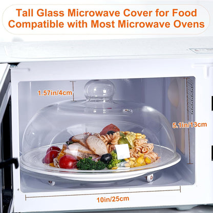 10inch Glass Microwave Cover for Food, Tall Sturdy Borosilicate Glass Splatter Cover Guard Lid with Heat-resistant Gloves, Dishwasher Safe