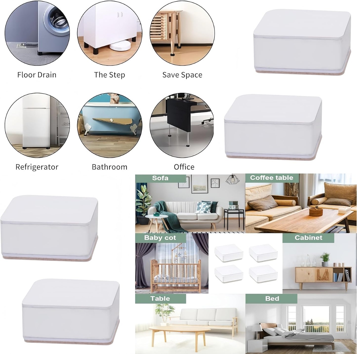 HJYDGJ 8 Pcs Self Adhesive Furniture Raised Bed Riser Rubber Feet Vibration Shock Absorber Bed Height Adjustable Furniture Riser