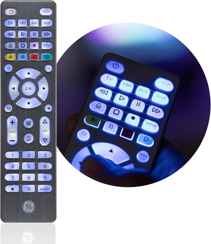 GE Backlit Universal Remote Control for Samsung, Vizio, LG, Sony, Sharp, Roku, Apple TV, RCA, Panasonic, Smart TV, Streaming Players, Blu-Ray, DVD, Simple Setup, 4-Device, Graphite, 48848