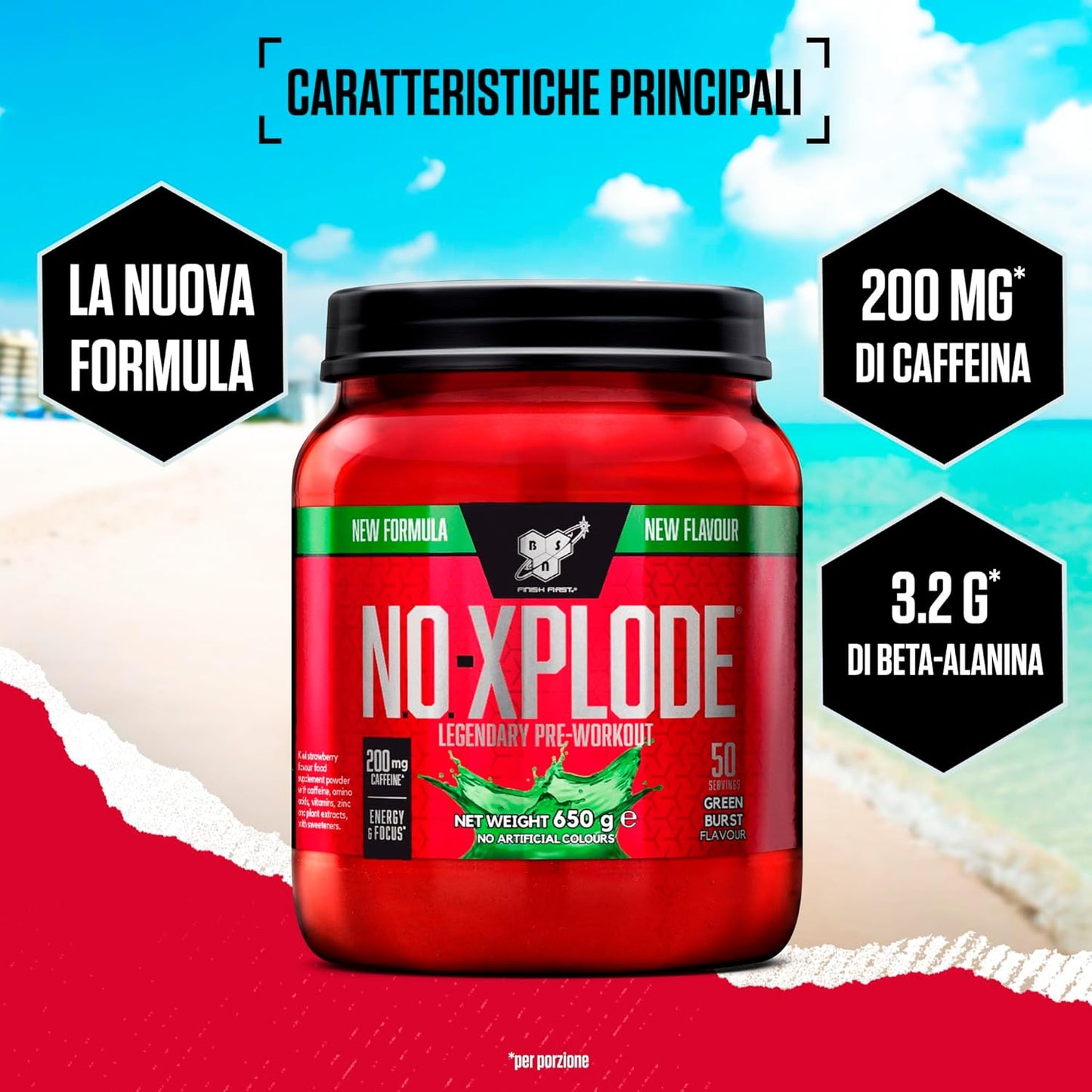 BSN Nutrition N.O.-Xplode Pre-Workout Powder Food Supplement, Support for Energy and Concentration with Caffeine, Amino Acids, Vitamin C and Zinc, Green Burst Flavour, 50 Servings, 650 g