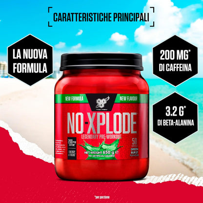 BSN Nutrition N.O.-Xplode Pre-Workout Powder Food Supplement, Support for Energy and Concentration with Caffeine, Amino Acids, Vitamin C and Zinc, Green Burst Flavour, 50 Servings, 650 g