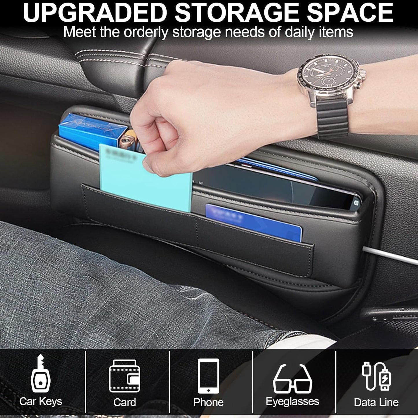 Car Seat Gap Filler, 2 Pack Universal Organizer Front Seat Leather Accessories Essentials for SUV Truck, Adjustable Universal Fit (Black)