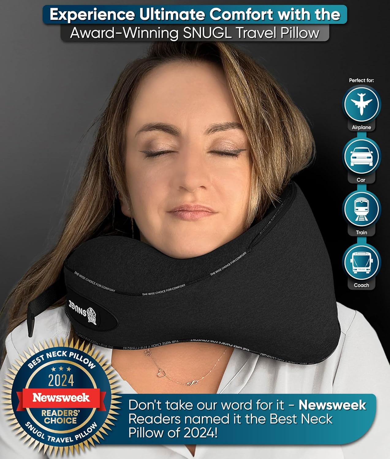 SNUGL Travel Pillow - Memory Foam Neck Cushion - Flight Pillow | Support Neck Pillow for Travel | Travel Neck Pillow for Airplane with Carry Bag & Clip | Flying Travel Essentials (Black - Small)