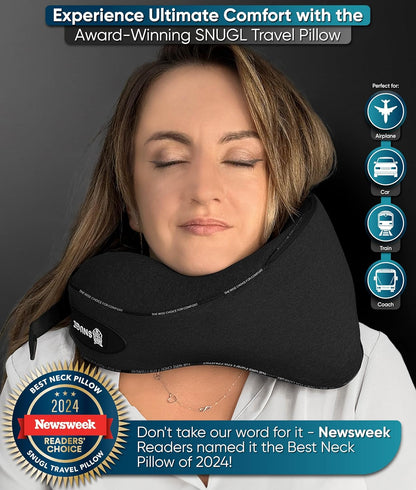 SNUGL Travel Pillow - Memory Foam Neck Cushion - Flight Pillow | Support Neck Pillow for Travel | Travel Neck Pillow for Airplane with Carry Bag & Clip | Flying Travel Essentials (Black - Small)