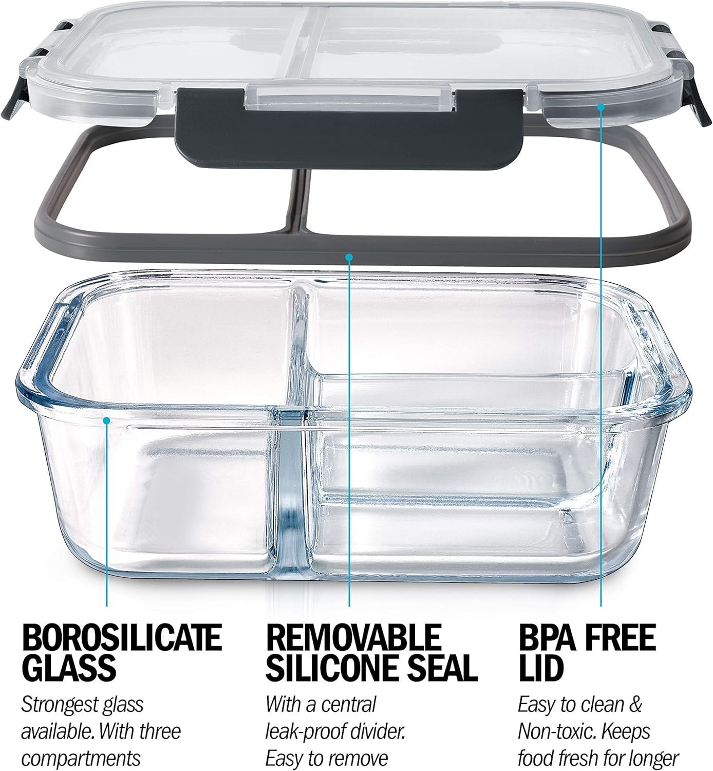 Igluu Meal Prep Glass 3 Compartment Container with Airtight SnapLock Lids - Portion Control Food Storage - BPA Free - Microwavable, Dishwasher and Oven Safe [3 Pack]