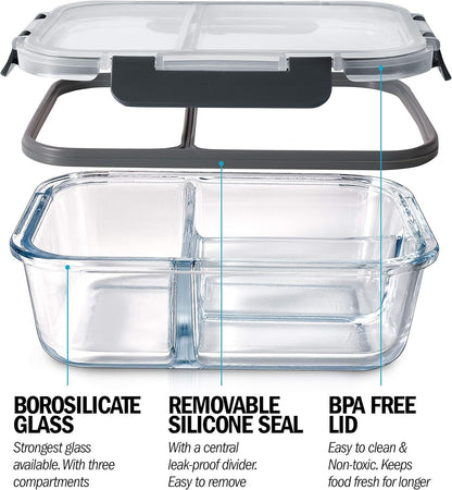 Igluu Meal Prep Glass 3 Compartment Container with Airtight SnapLock Lids - Portion Control Food Storage - BPA Free - Microwavable, Dishwasher and Oven Safe [3 Pack]
