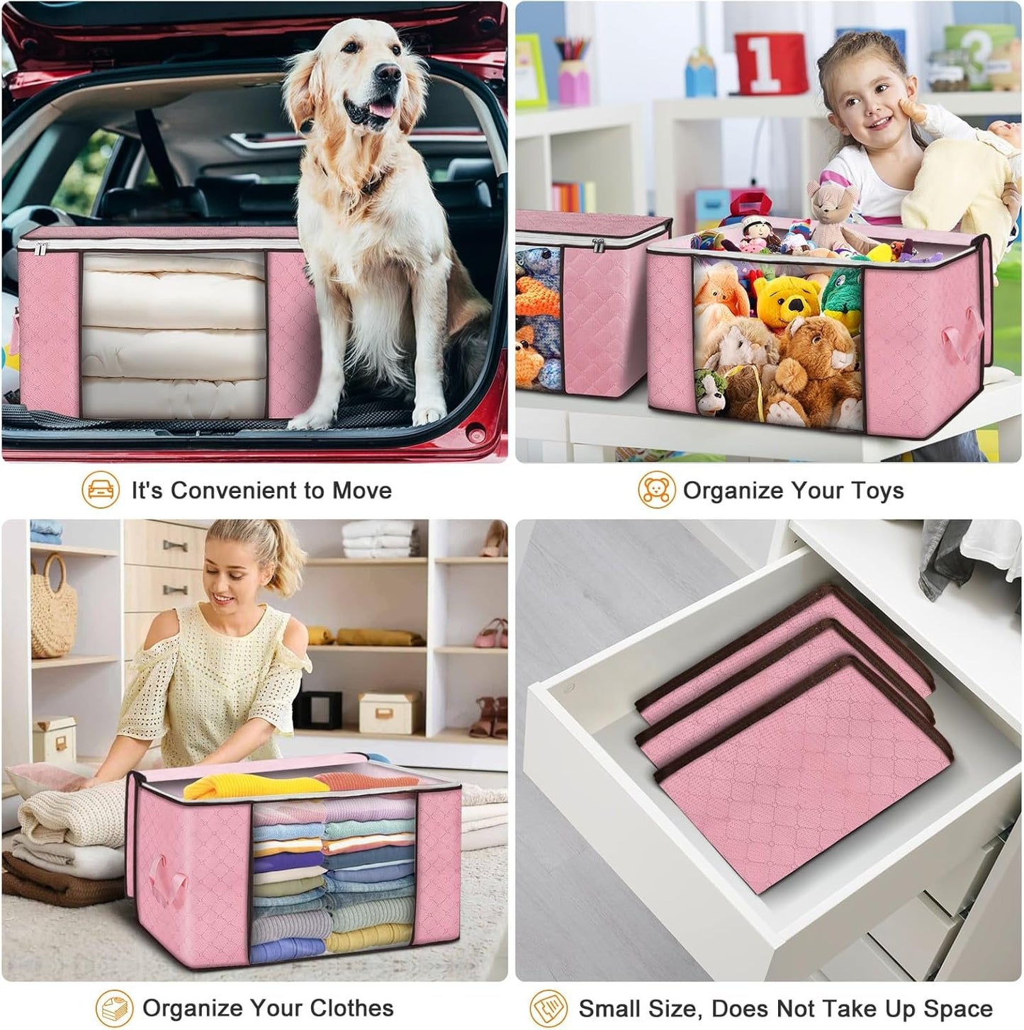 90 L Large Storage Bags 6 Pack Clothes Storage Bins Foldable Closet Organizer Storage Containers Storage and Organization for Blanket Comforters Bed Sheets Pillows (Pink)