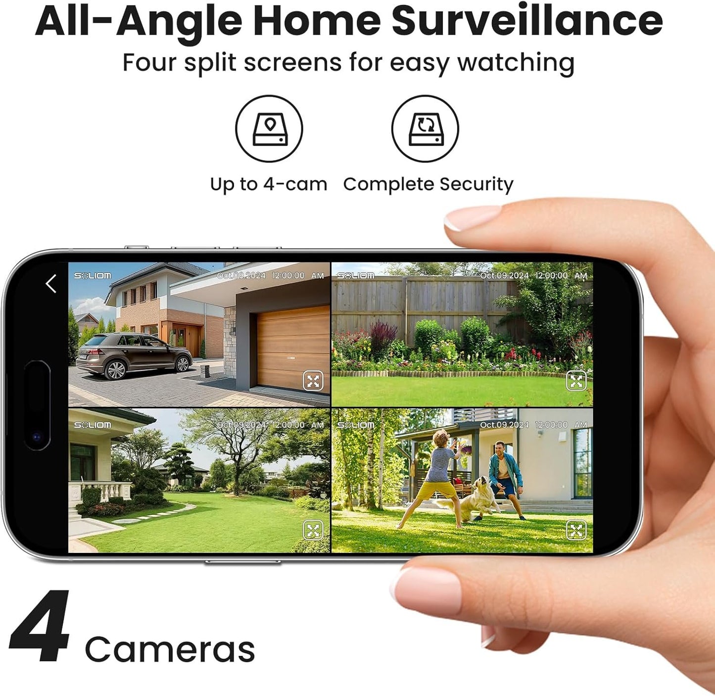 SOLIOM- 5MP Security Cameras Wireless Outdoor, No Subscription,4-Cam Pack, Solar Powered Home Security Camera with 360° Auto Tracking, Pan & Tilt, 3K Color Night Vision,5G & 2.4G Router Compatible