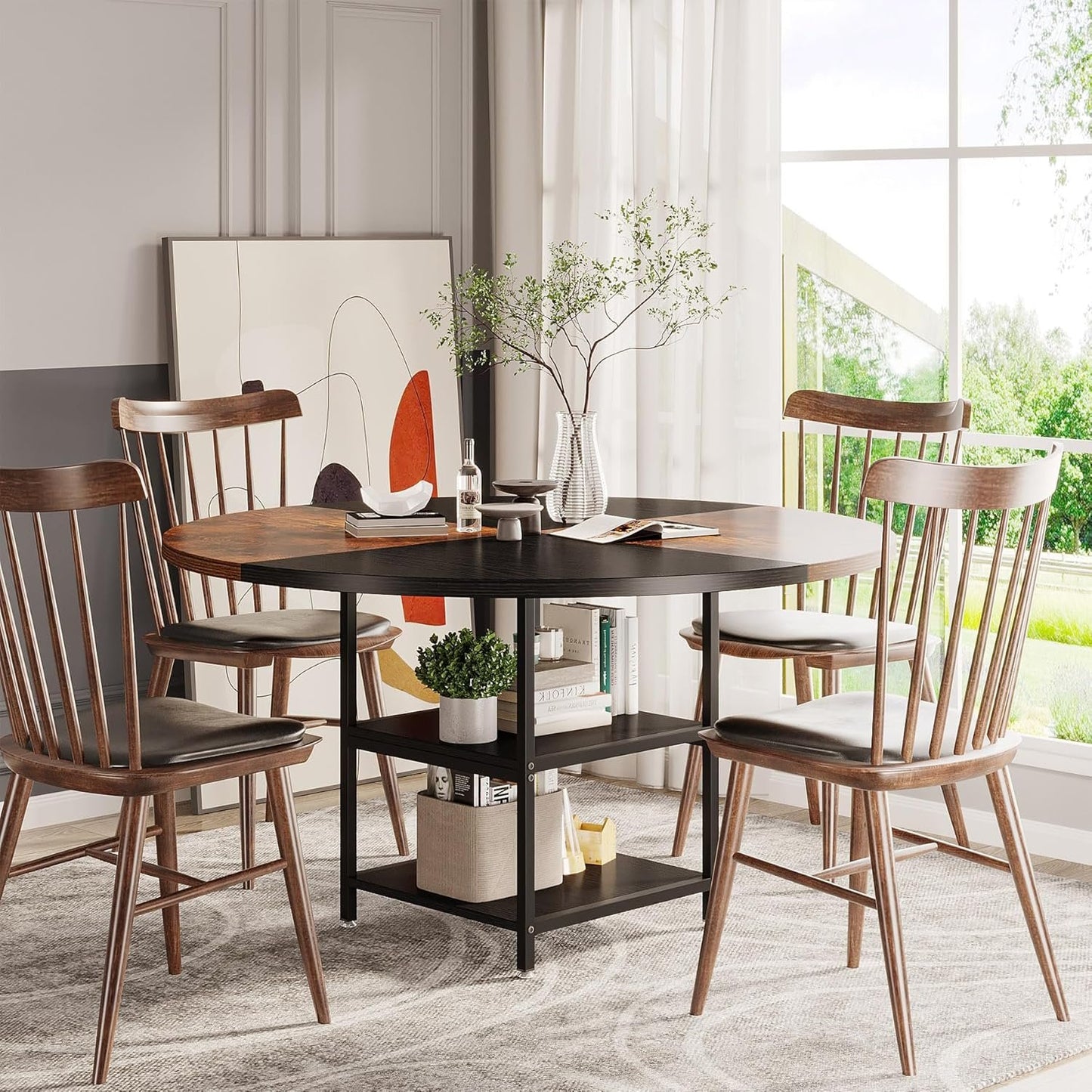 Tribesigns 47 inch Round Dining Table for 4, Wood Kitchen Table Large Dinner Table with Storage Shelf Metal Legs for Home Dining Room Living Room, Black Rustic Brown