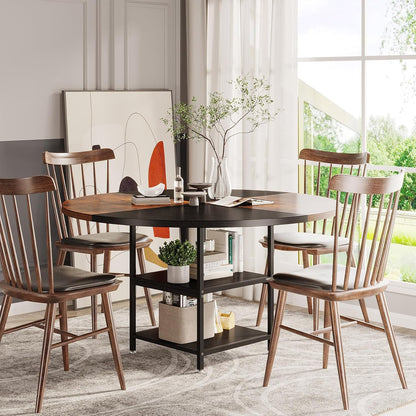 Tribesigns 47 inch Round Dining Table for 4, Wood Kitchen Table Large Dinner Table with Storage Shelf Metal Legs for Home Dining Room Living Room, Black Rustic Brown