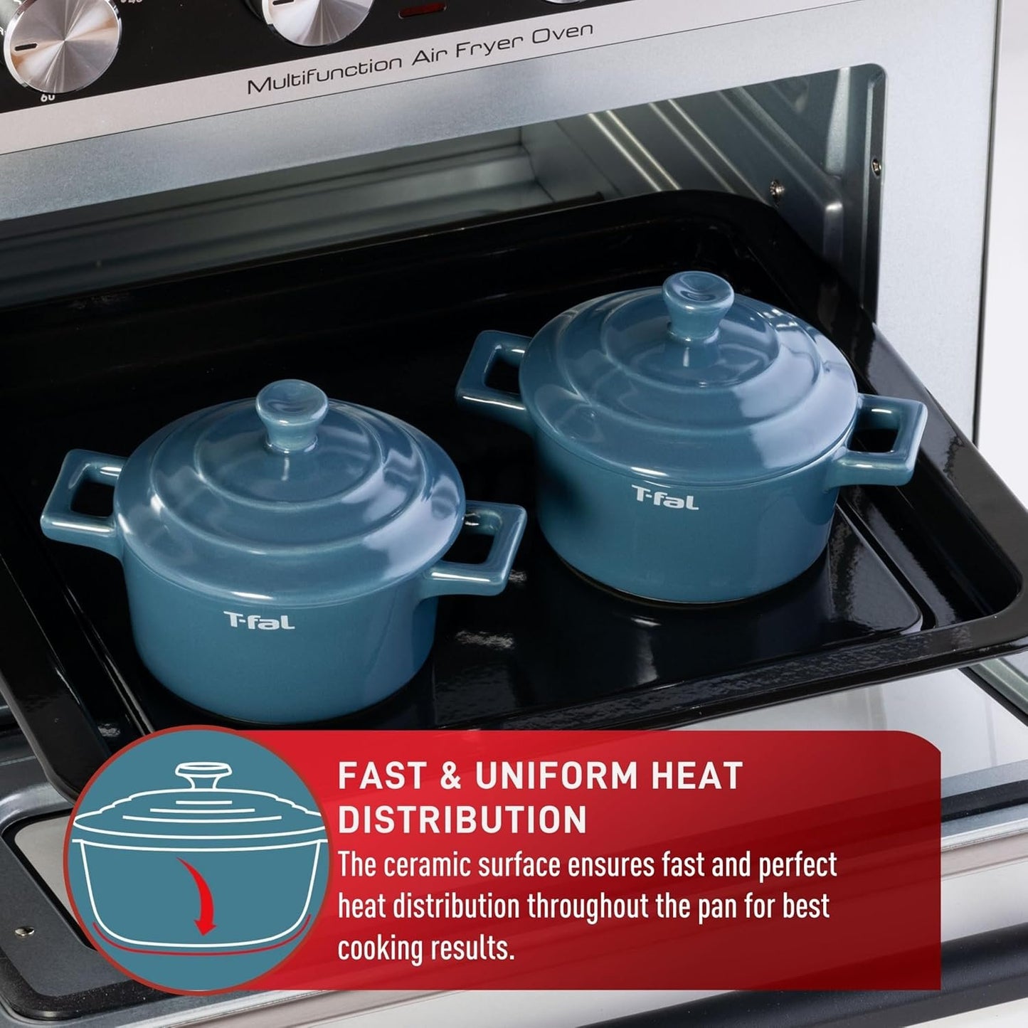 T-Fal Ceramic 2 Pc Mini-Cocotte set with lids, uniform heat-distribution, oven, microwave, freezer and dishwasher safe, blue
