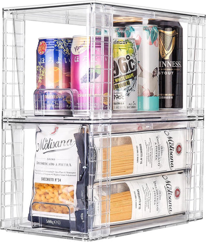 Zero Zoo 4Pack Large Stackable Kitchen Storage Drawers, Clear Foods Organizer Bins with Handles, Easily Assemble for Bathroom, Kitchen, Pantry, Cabinet, Closet (Down Handled)