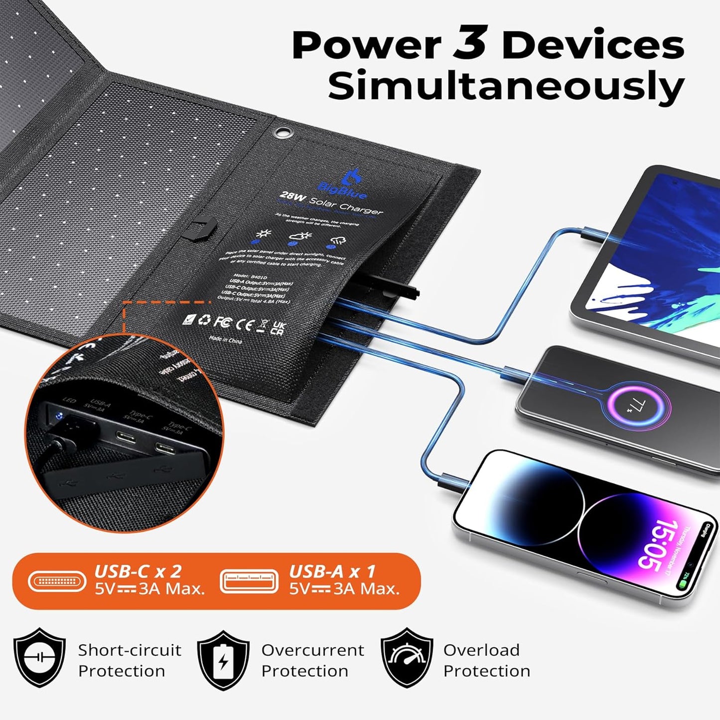 [Upgraded]BigBlue 3 USB Ports 28W Solar Charger(5V/4.8A Max), Foldable Portable Solar Phone Charger with SunPower Solar Panel Compatible with iPhone 11/Xs/XS Max/XR/X/8/7, iPad, Samsung Galaxy LG etc.