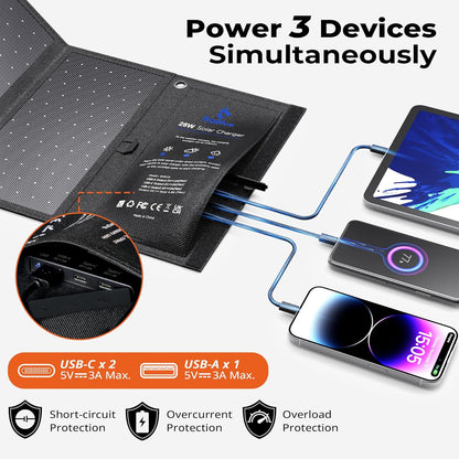 [Upgraded]BigBlue 3 USB Ports 28W Solar Charger(5V/4.8A Max), Foldable Portable Solar Phone Charger with SunPower Solar Panel Compatible with iPhone 11/Xs/XS Max/XR/X/8/7, iPad, Samsung Galaxy LG etc.