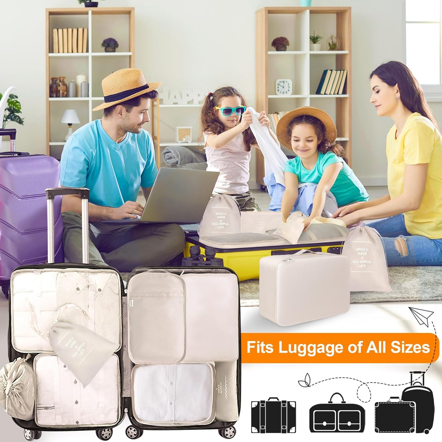 Kingdalux Pack of 8 Packing Cubes for Suitcase, Travel Organizer with Laundry Bag, Compression Bag, Shoe Bag, Underwear Bag for Men and Women