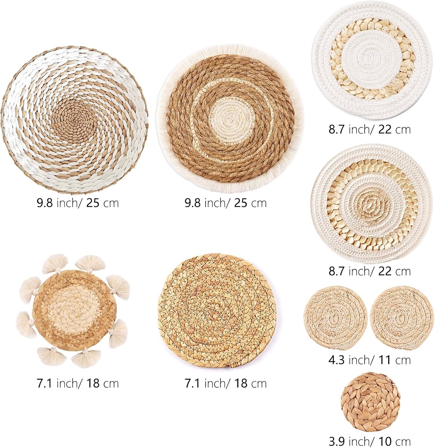 9 Pack Boho Wall Basket Set, hanging Woven Wall Basket Decor, Seagrass Rattan Wicker Boho Wall Decor, Eco-Friendly Round Wall Art for Farmhouse Bedroom Living Room Display Table Settings Kitchen Home