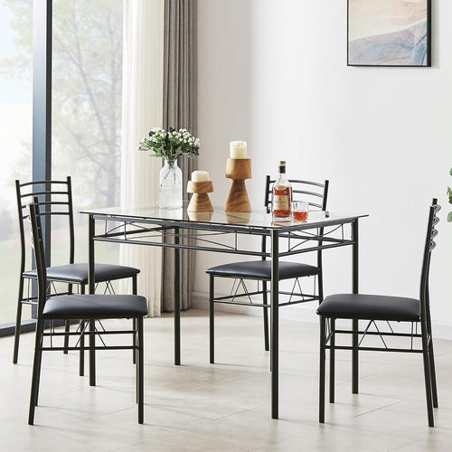 VECELO Kitchen Dining Table and Chairs Set for 4, PU Padded Seat & Glasses Tabletop, Space Saving, Matte Black