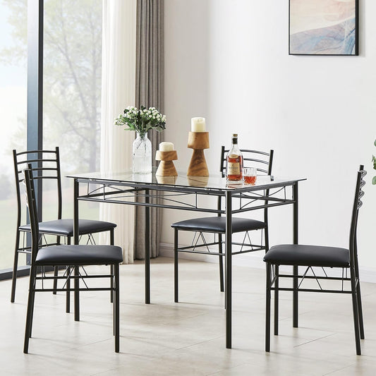 VECELO Kitchen Dining Table and Chairs Set for 4, PU Padded Seat & Glasses Tabletop, Space Saving, Matte Black