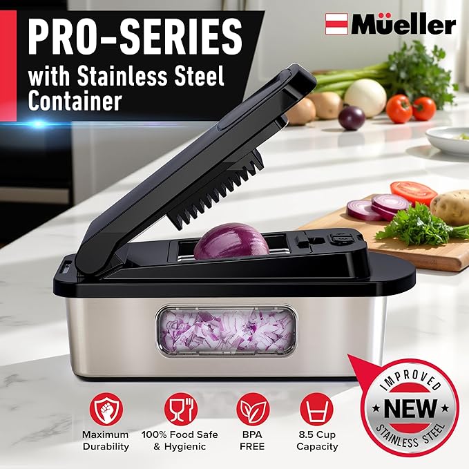Mueller Pro-Series 10-in-1, 8 Blade Stainless Steel Multi Vegetable Chopper And Mandoline Slicer, Kitchen Tools and Gadgets, Food and Veggie Chopper, Mincer, Dicer, French Fry Cutter, Black