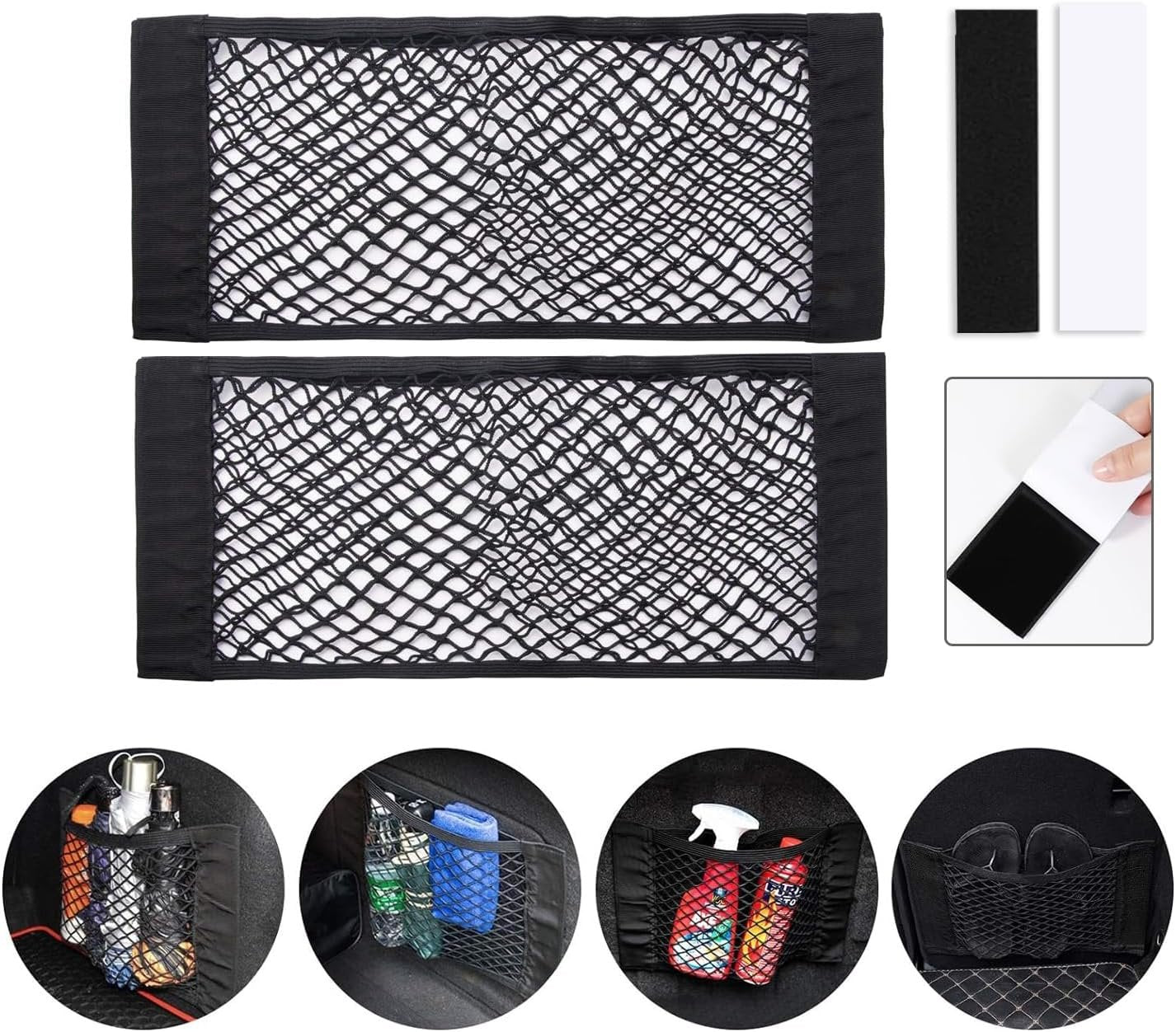 Yharnamite 2 Pcs Universal Mesh Cargo Net, Stretchable Storage Net with Tape Stickers, Wall Sticker Organizer Pouch Bag, Car Trunk Storage Organizer Net for Car, SUV, RV (15.7 x 9.8inch)