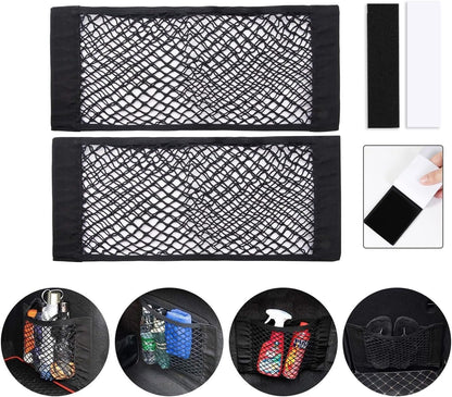 Yharnamite 2 Pcs Universal Mesh Cargo Net, Stretchable Storage Net with Tape Stickers, Wall Sticker Organizer Pouch Bag, Car Trunk Storage Organizer Net for Car, SUV, RV (15.7 x 9.8inch)