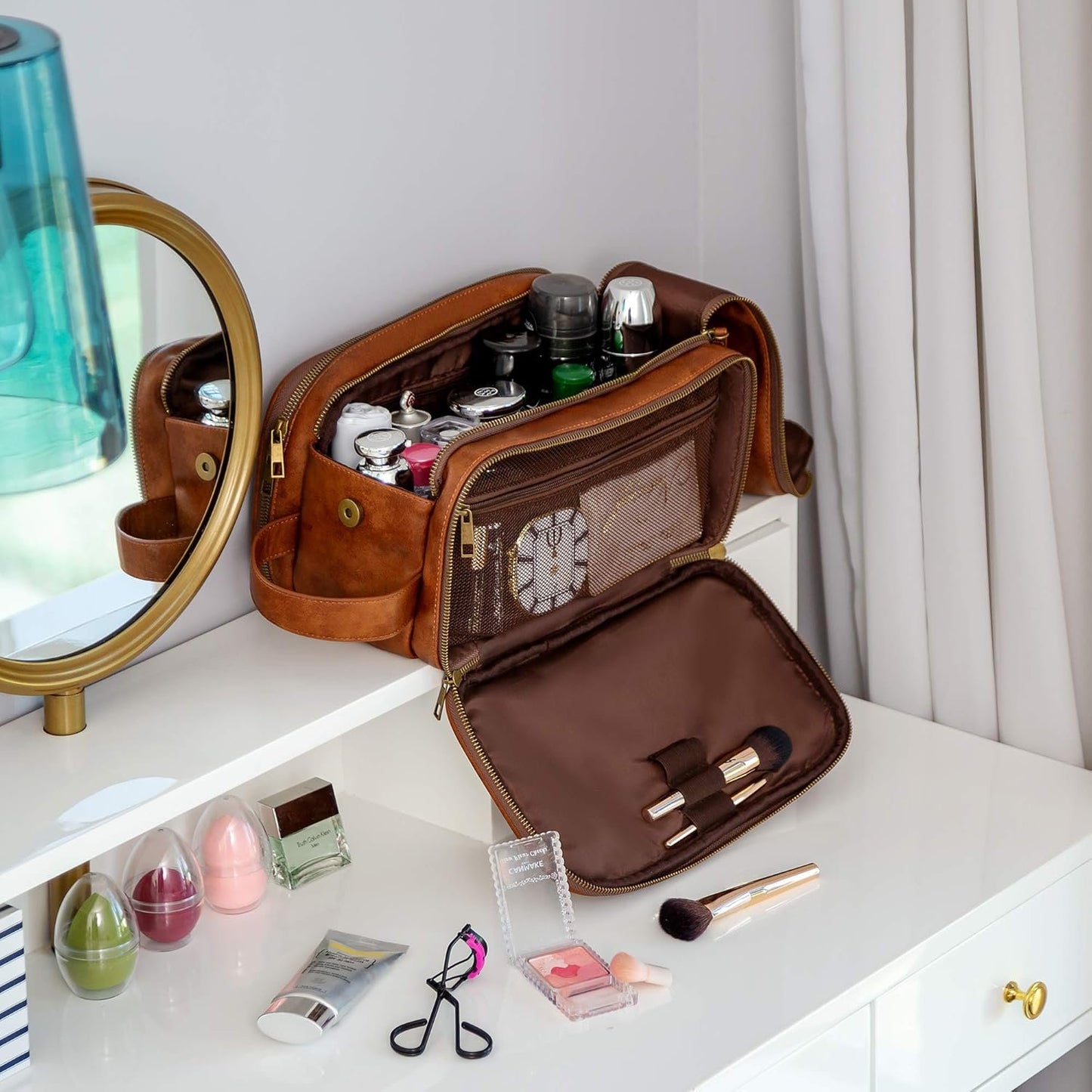 Elviros Toiletry Bag for Men, Large Travel Shaving Dopp Kit Water-Resistant Bathroom Toiletries Organizer PU Leather Cosmetic Bags (Brown, Small)
