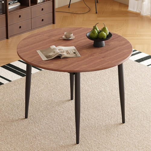 FURNITO 42"-54" Extendable Round Dining Room Table for 4 6 People, Wooden Kitchen Tabletop with Metal Legs, Space Saving Modern Dining Table for Small Space, Easy to Assemble, Walnut