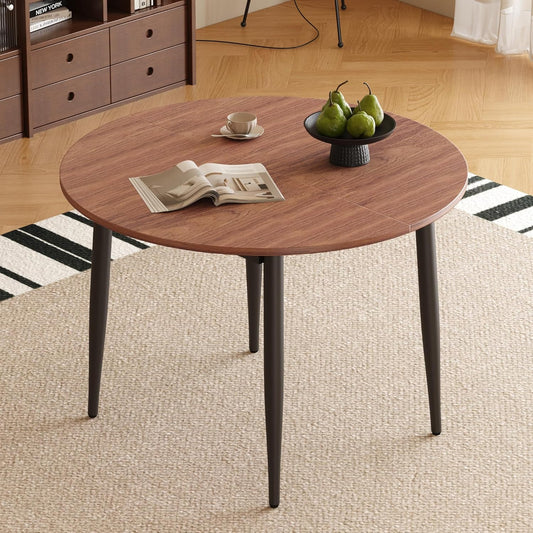 FURNITO 42"-54" Extendable Round Dining Room Table for 4 6 People, Wooden Kitchen Tabletop with Metal Legs, Space Saving Modern Dining Table for Small Space, Easy to Assemble, Walnut