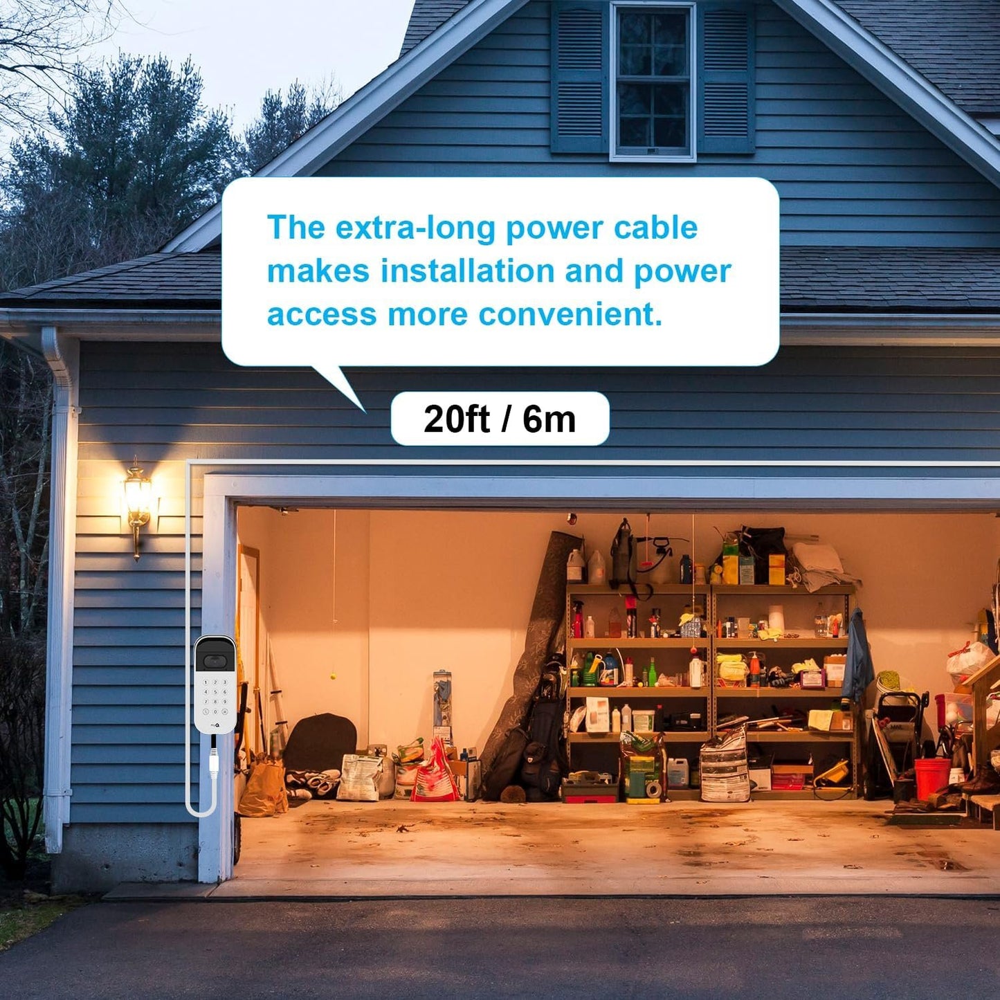 iTODOS 20ft/6m Power Cable and Adapter for myQ Smart Garage Door Video Keypad, Weatherproof Outdoor Flat Charging Cable Continuously Charging Your Video Keypad