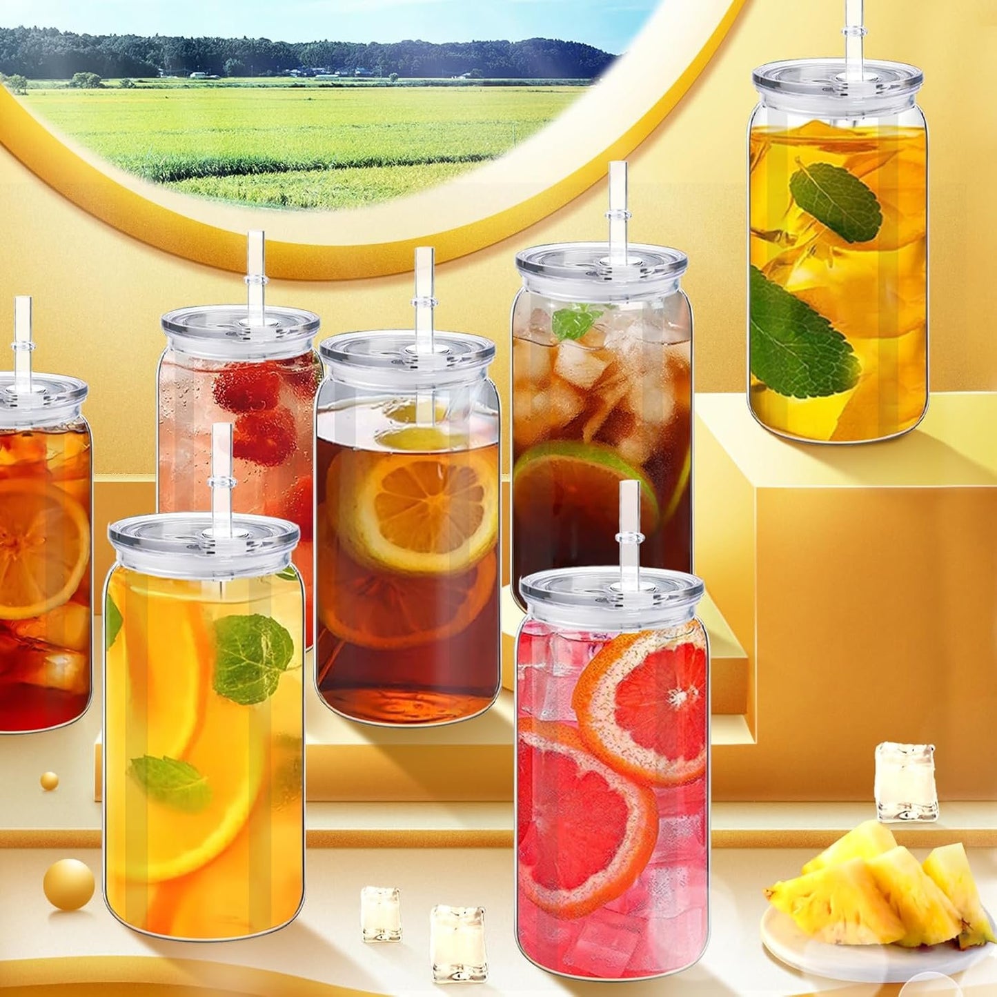 TANEMUDO 14 Pack Acrylic Mason Jars with Lids and Straws 16 oz Iced Coffee Tumbler Water Bottles Plastic Drinking Cups for Milk Juice Beverage Beer (Clear)