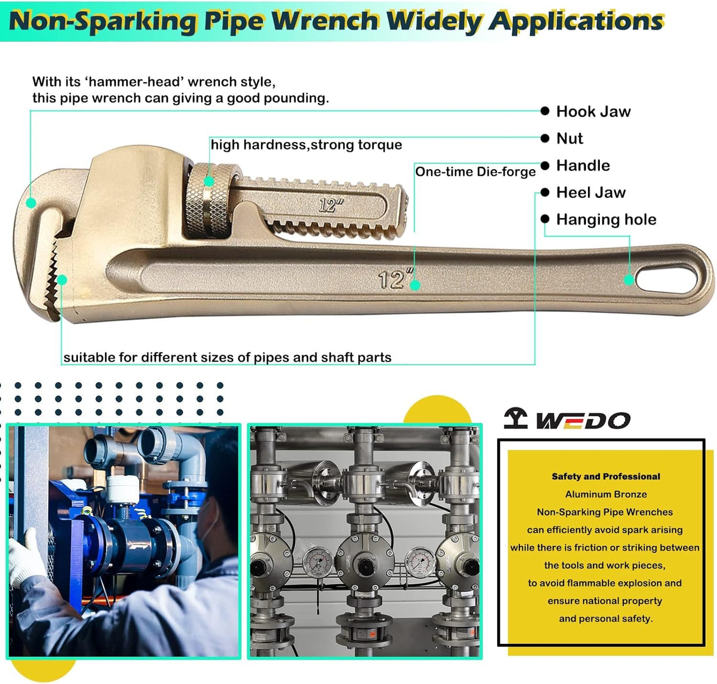 WEDO Non-Sparking Pipe Wrench (Length 300mm, Opening Max 40mm), Spark-Free Straight Plumbing Wrench, No Spark Safety Spanner, Aluminum Bronze, DIN Standard, BAM & FM Certificate