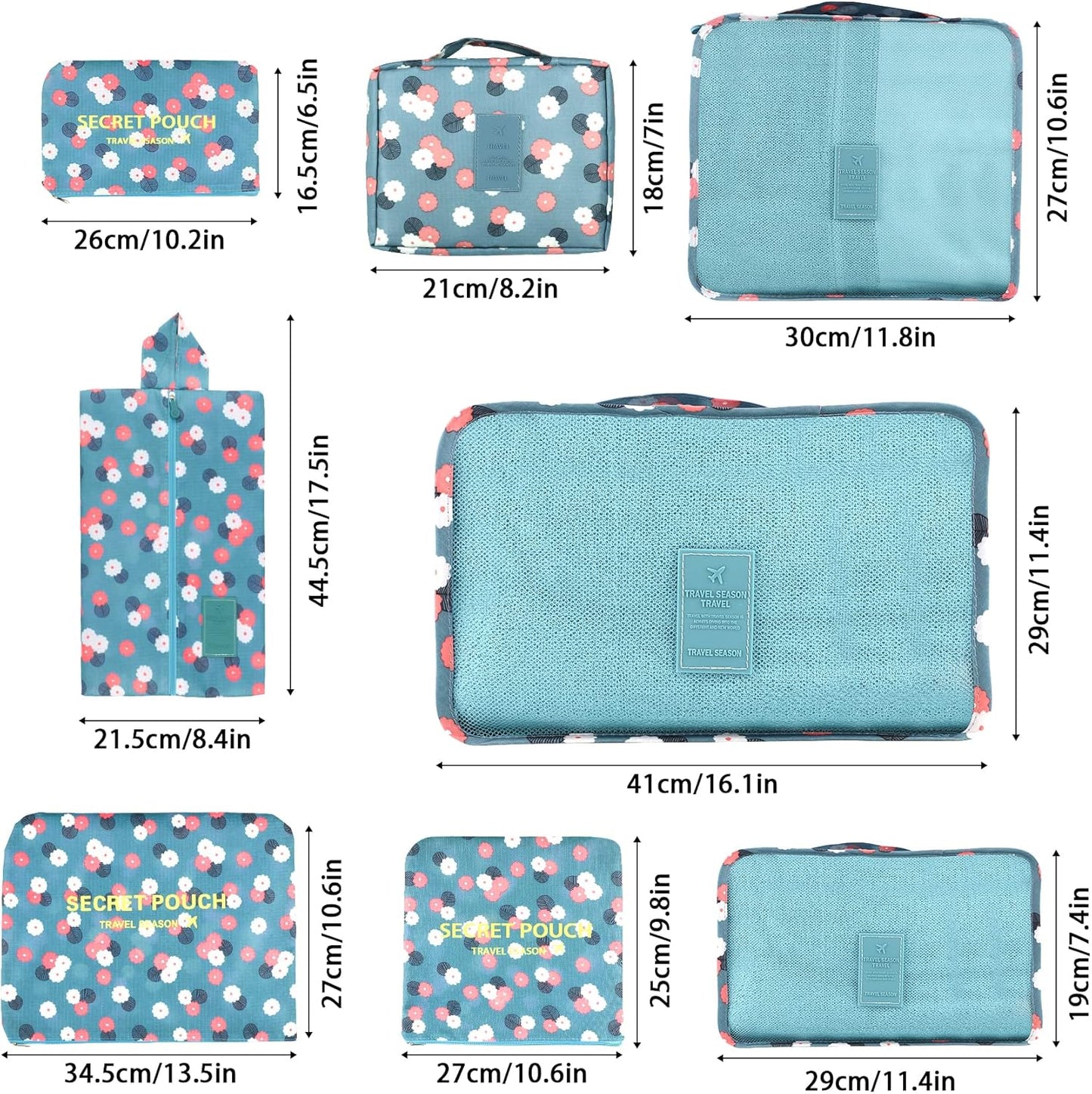 Coolzon Travel Suitcase Organizer Set of 8 Pieces, Perfect Storage Cubes Travel Luggage Organizer for Clothes, Cosmetics, Shoes, Underwear, Blue Flowers