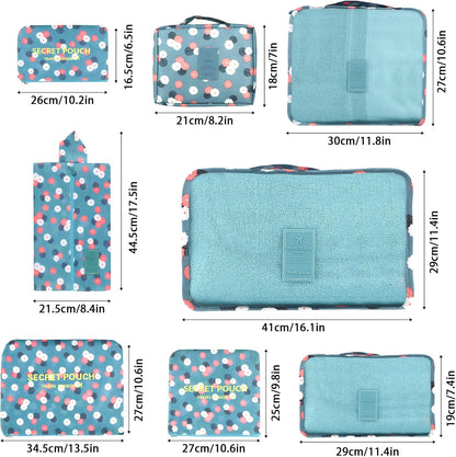 Coolzon Travel Suitcase Organizer Set of 8 Pieces, Perfect Storage Cubes Travel Luggage Organizer for Clothes, Cosmetics, Shoes, Underwear, Blue Flowers