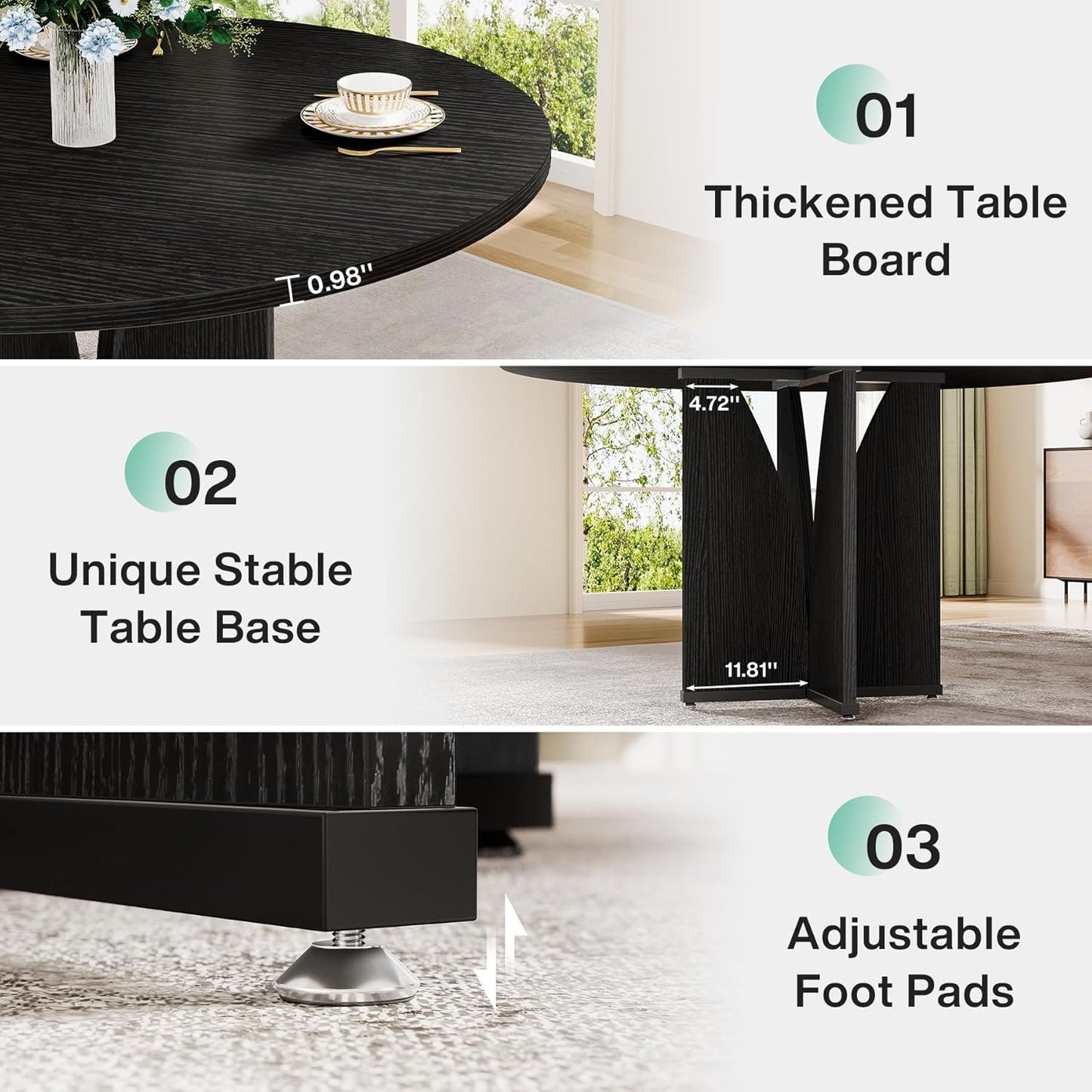 Tribesigns Round Dining Table Wood Kitchen Table for Dining Room Living Room, 39.37" Dining Table for 4 People, Farmhouse Dinner Table with Wooden Table Top and Legs(Without Chair) (Black)