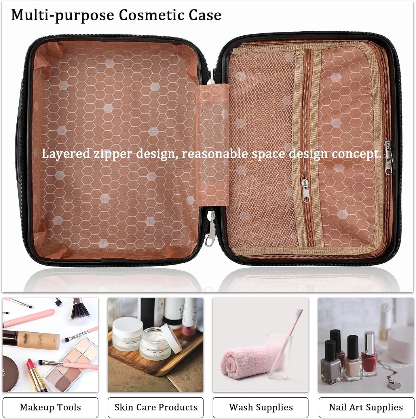 BSTKEY Portable Hard Shell Cosmetic Travel Case, Small Travel Hand Luggage with Elastic Band, Mini ABS Carrying Makeup Case Suitcase, Black