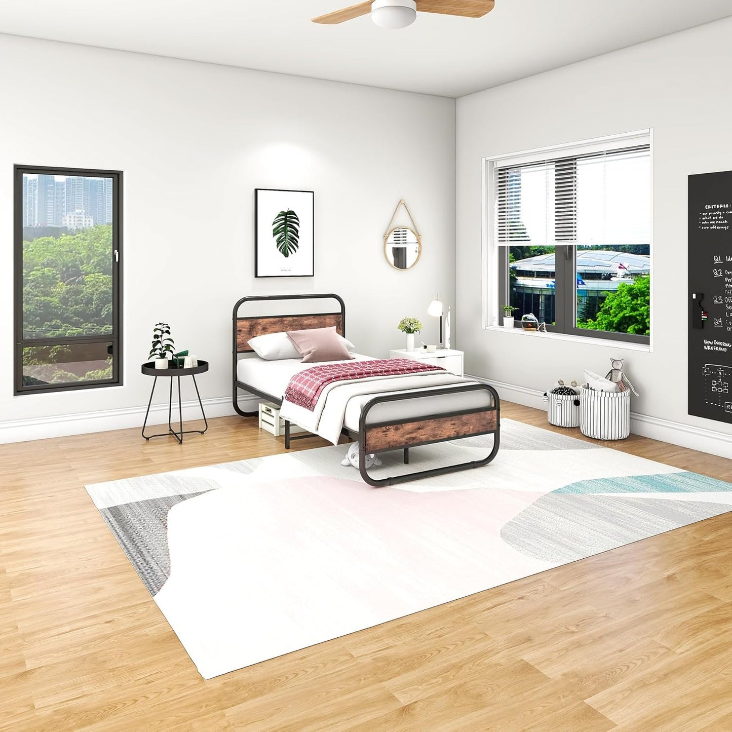 HAHRIR Metal Black Bed Frame with Wooden Headboard and Footboard, Heavy Duty Oval-Shaped Platform Bed with Under-Bed Storage, Steel Slats Mattress Foundation Round Pipe Design(Twin XL Size，Brown