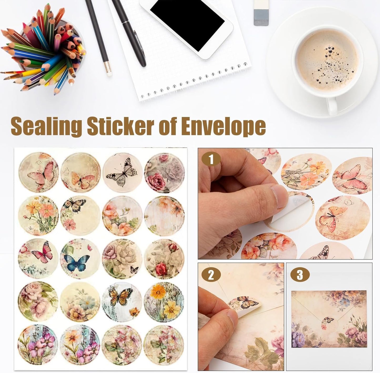 RAORAOYUE 160 Pcs Stationery Paper Set, Nature Vintage Floral Butterfly 50 Stationary Paper 50 Envelopes 60 Round Dot Sticker