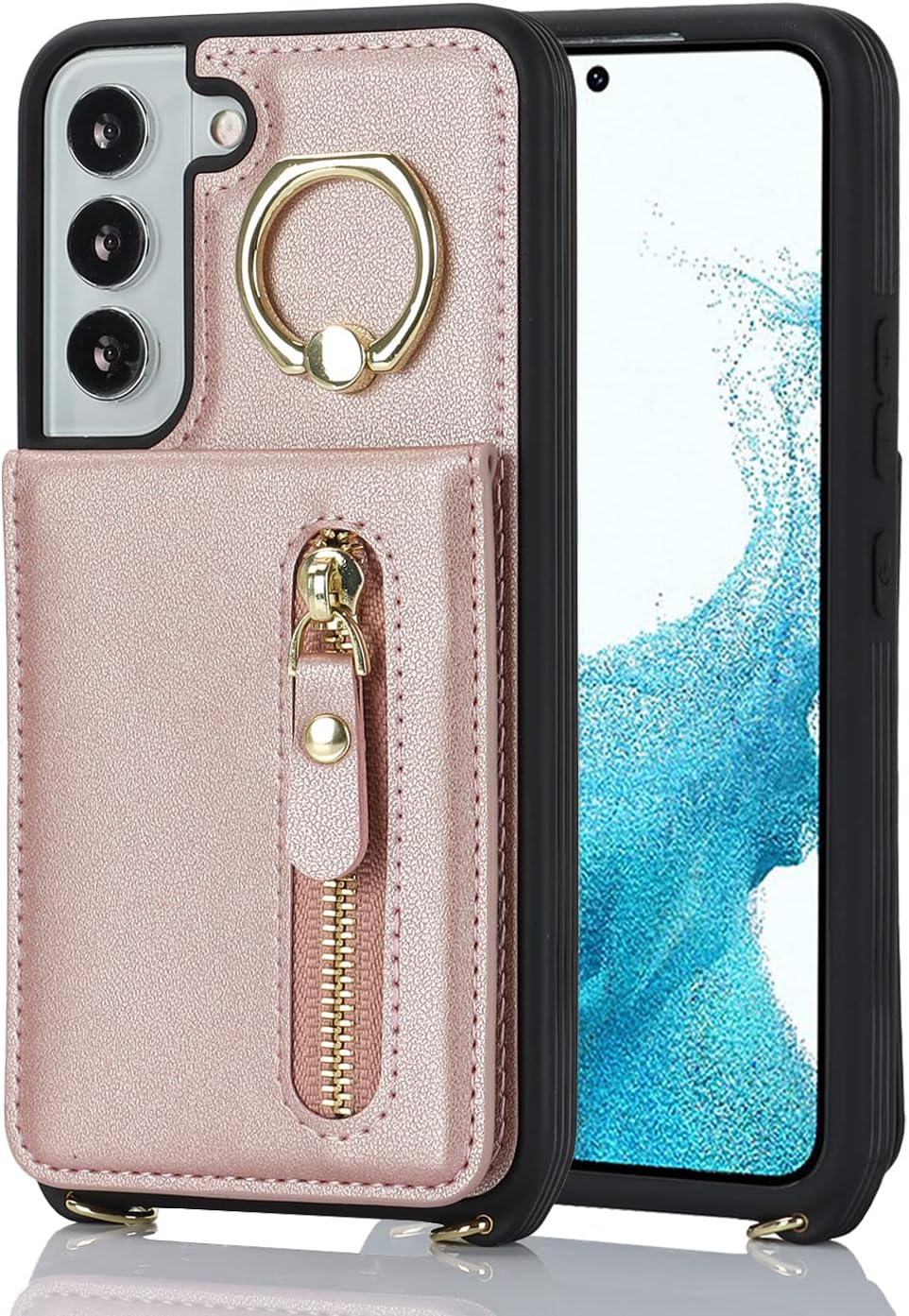 Cavor Vertical Flip Cover for Samsung Galaxy S22 Leather Case 6.1'' Crossbody Wallet Card Slots with 360°Rotation Ring Holder Kickstand & Long Shoulder Lanyard Strap-Rose
