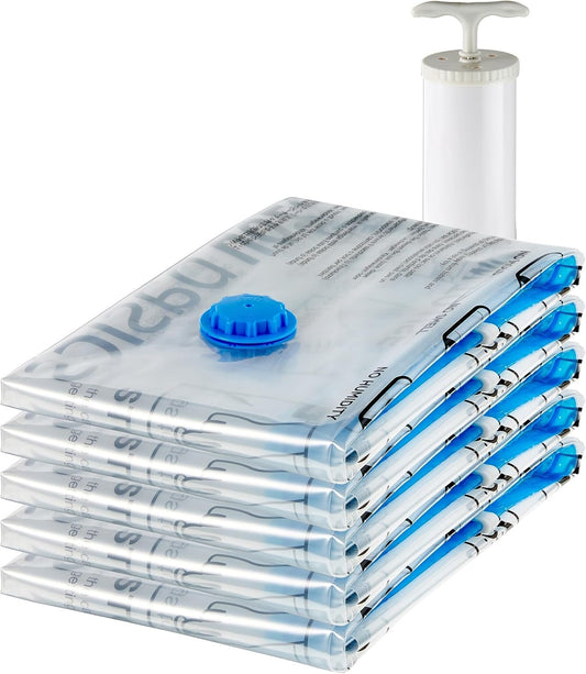 Amazon Basics Reusable Vacuum Compression Storage Bags with Free Hand Pump - Large, 5-Pack - Best for Travel Packing