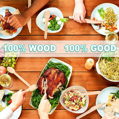 (500 Count) Disposable Wooden Cutlery Set - Alternative to Plastic, Eco Friendly, Biodegradable, Compostable Cutlery Set - 250 Wood Spoons, 150 Wooden Forks, 100 Wooden Knives Disposable Utensils Set